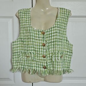 Zara Tweed Button Front Vest Large Green/ White